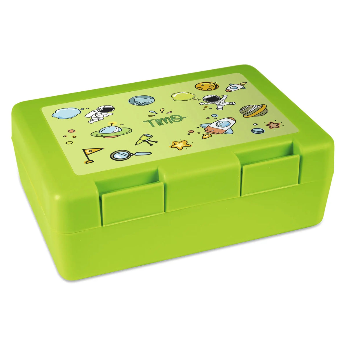 Grasgrüne Jausenbox mit dem Namen Tino und Weltraummotiven mit Astronauten, Planeten und einer Rakete.