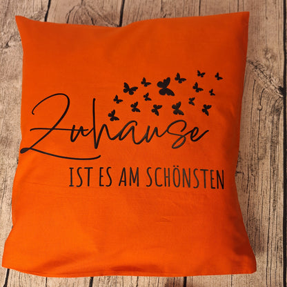 Dekokissen „Zuhause ist am schönsten“ – handbedruckt mit Flexfolie