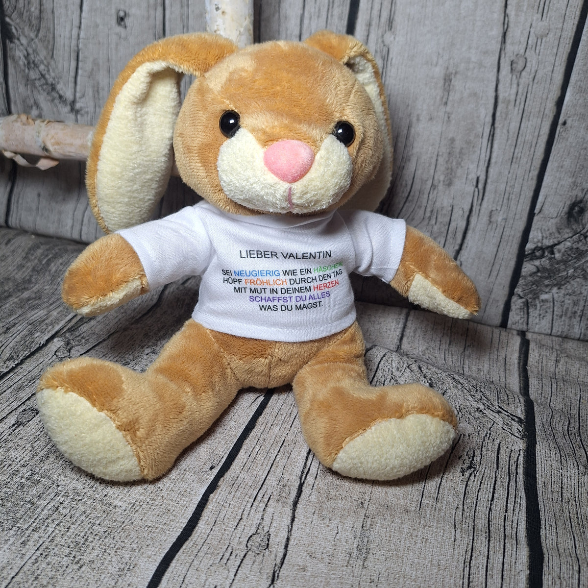 Brauner Plüschhase mit weißem, personalisiertem T-Shirt mit dem Namen Valentin und einem liebevollen Spruch.
