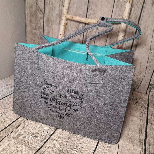 Filztasche grau-türkis mit Mama-Motiv – Vorderansicht