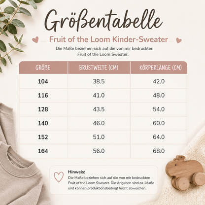 Größentabelle für Fruit of the Loom Kinder-Sweater von Größe 104 bis 164 mit Brustweite und Körperlänge in Zentimetern.