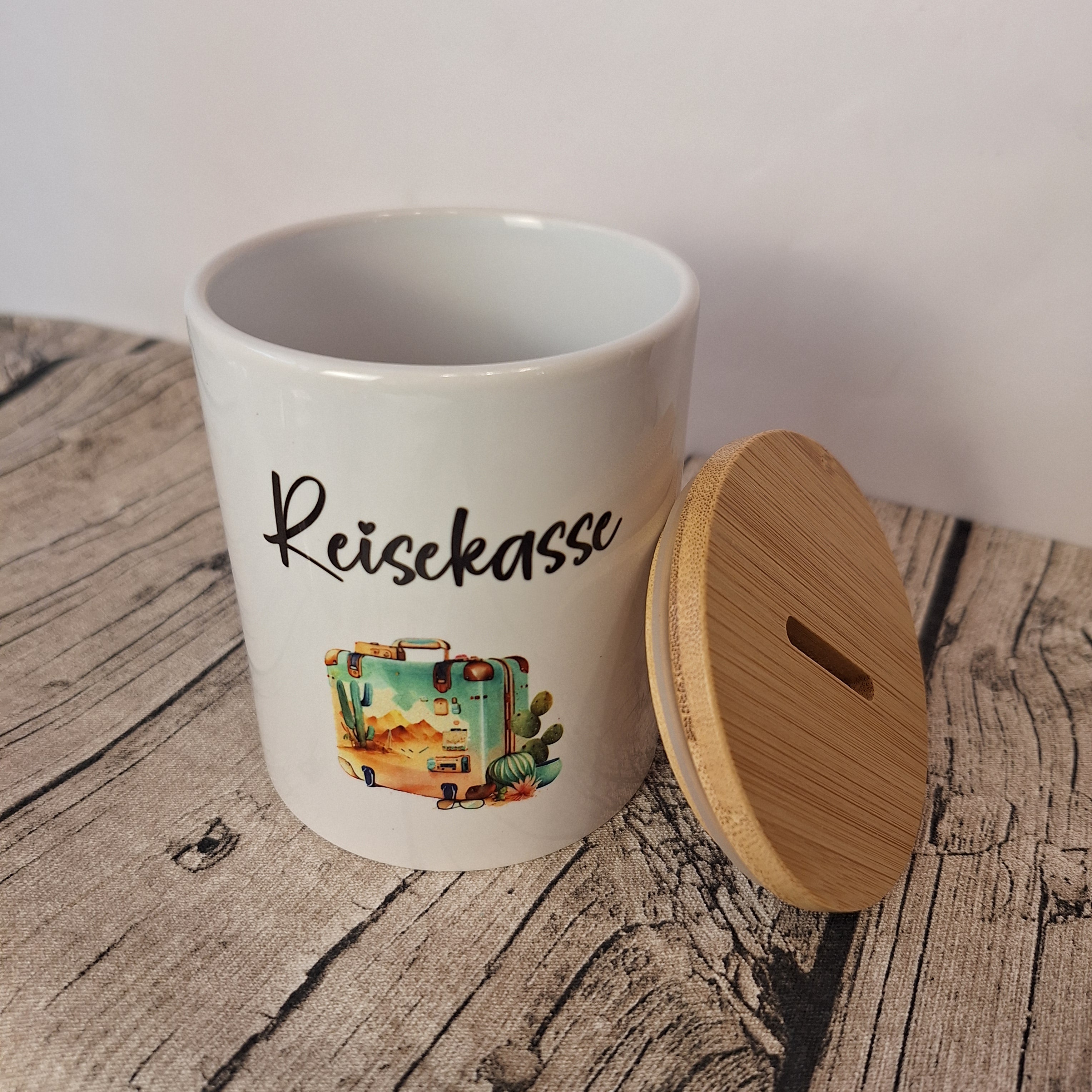 Spardose Reisekasse Keramik Deckel angelehnt