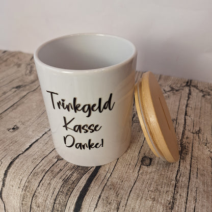 Spardose Trinkgeldkasse mit Bambusdeckel angelehnt
