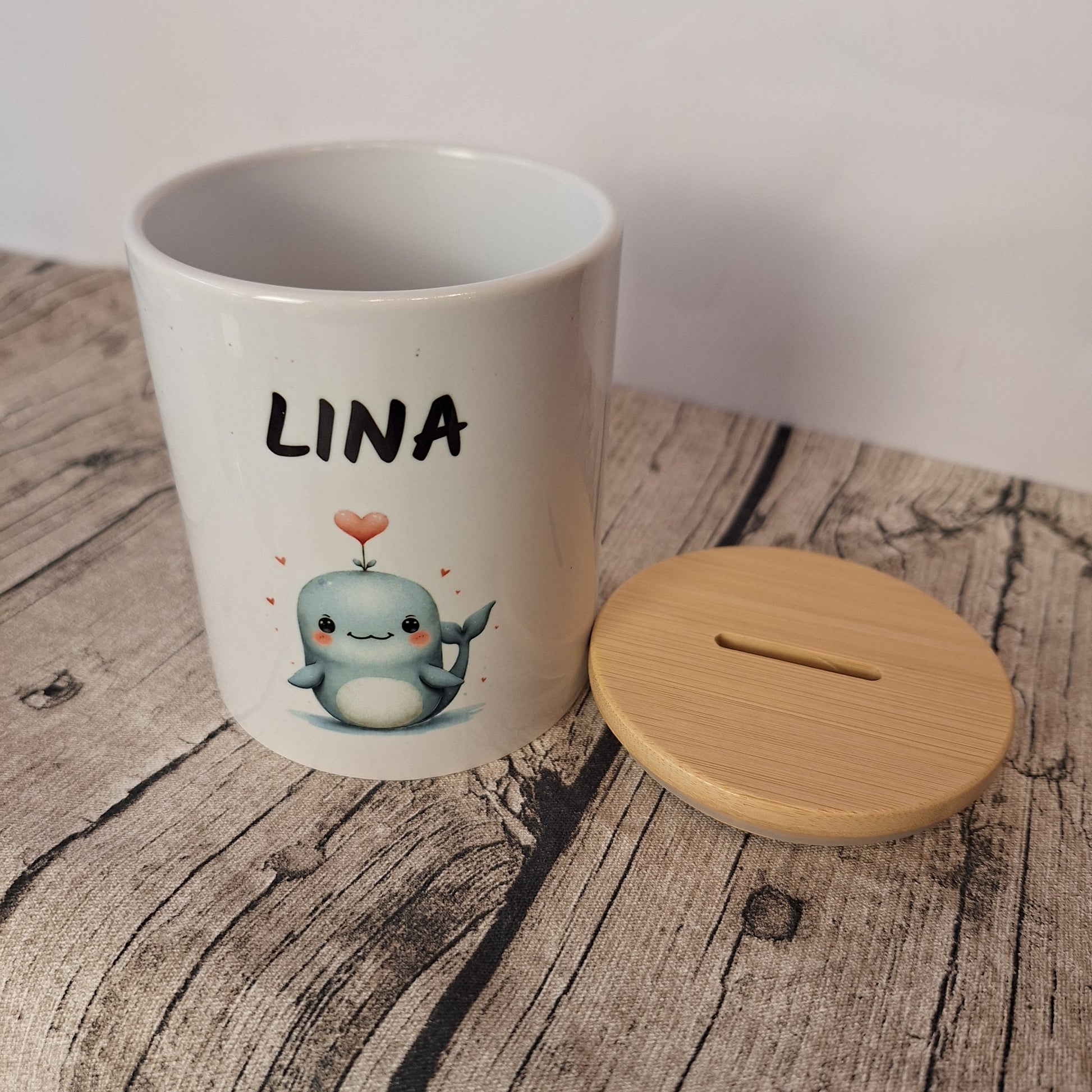 Spardose mit Wal und Name personalisiert Bambusdeckel extra